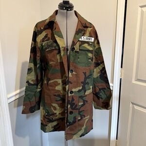 US Army Print, 4-Pocket, Button Up Camouflage Jacket Olive Parka Large